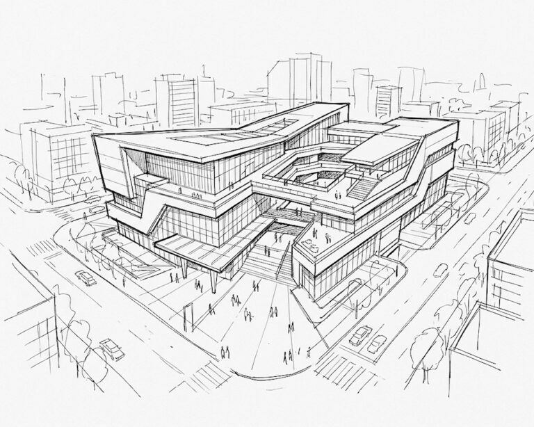 commercial market intelligence architecture: aerial view of a mixed‑use shopping plaza showing tenant zones and catchment radii